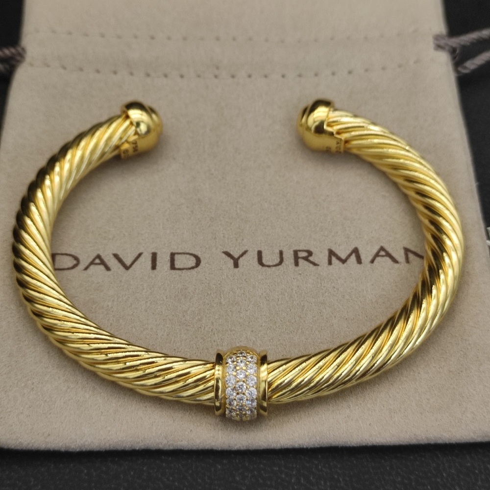 ✨David Yurman 14K Gold Cable Cuff Bracelet with Pavé Rondelle